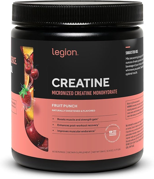LEGION Micronized Creatine Monohydrate Supplement - Clean Creatine Powder for Muscle Gain & Post Workout Recovery - Micronized Creatine Supplement for Maximum Absorption (60 Servings, Fruit Punch)