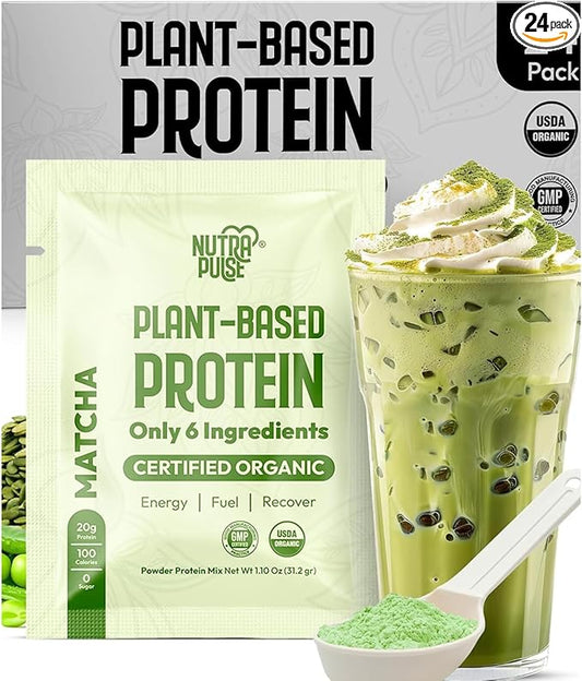 Matcha Vegan Protein Powder Sample Pack – 31g Organic Plant-Based Protein Gluten-Free, Dairy-Free, Soy-Free, Non-GMO – Clean, Easy to Digest – Smoothie & Energy Boost – 24 Servings