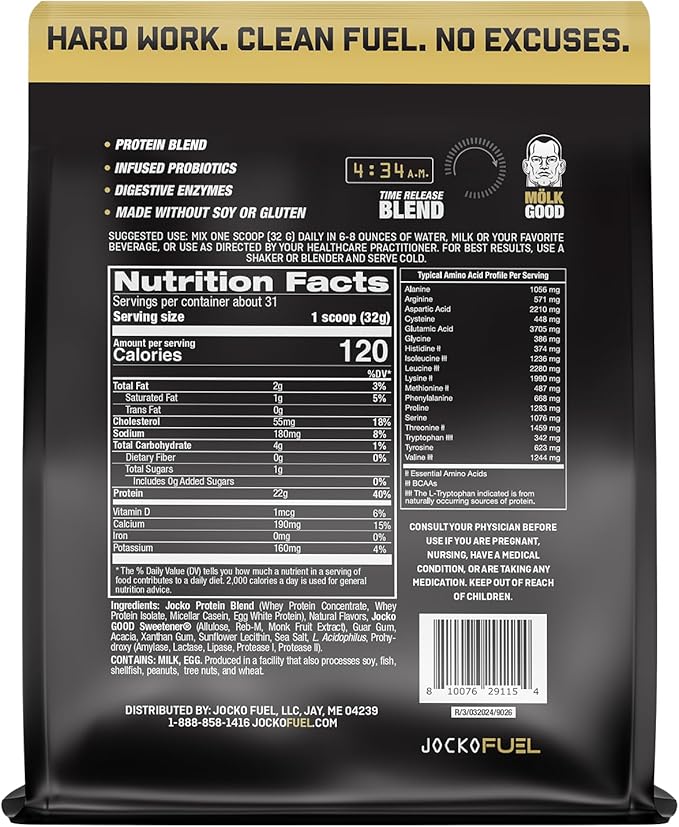 Jocko Fuel Mölk Whey Protein Powder 22g Protein - Low Sugar Monk Fruit Blend - Muscle Recovery & Growth, Packaging May Vary (31 Servings, Vanilla Milkshake)