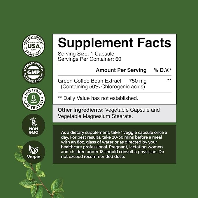 Pure Green Coffee Bean Extract for Weight Loss Pills - Dietary Supplement to Burn Fat Curb Appetite and Boost Metabolism for Men and Women - Contains Antioxidants to Detox and Cleanse - 750mg Capsules