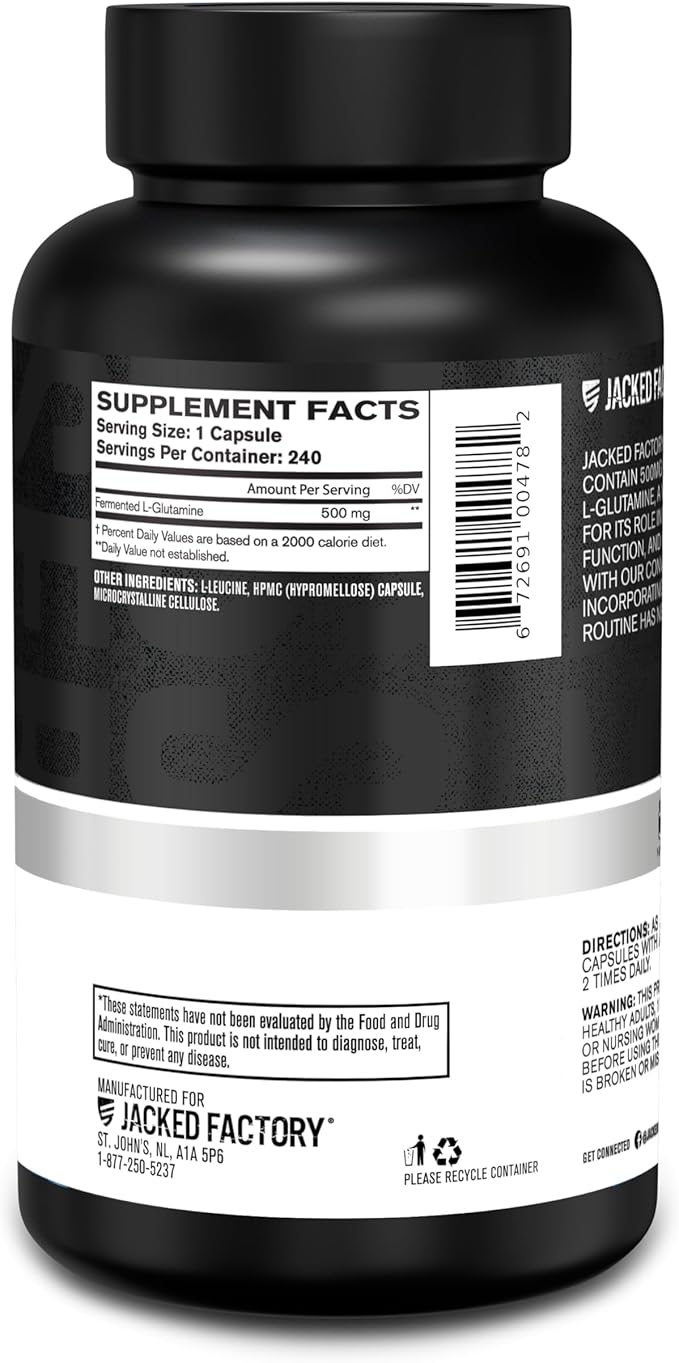 Jacked Factory L-Glutamine Capsules 500mg - Vegan Fermented L Glutamine Supplement for Post Workout Muscle Recovery, Immunity, Digestive Health - 240 Capsules