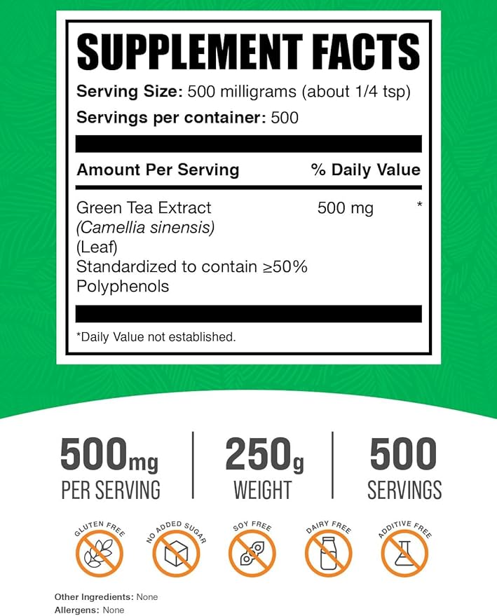BulkSupplements.com Green Tea Extract Powder - 50% Polyphenol, Green Tea Supplement, Herbal Supplement - Gluten Free, 500mg per Serving, 250g (8.8 oz) (Pack of 1)
