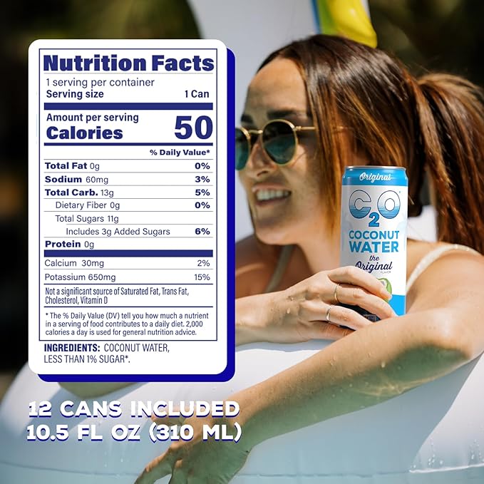 C2O - Coconut Water, The Original Flavor (12 Pack) - Made with Fresh Coconut Water - Plant Based - Non GMO - Canned Water - Natural Hydration, Electrolytes, & Potassium - 12 Slim Cans, 10.5 FL OZ