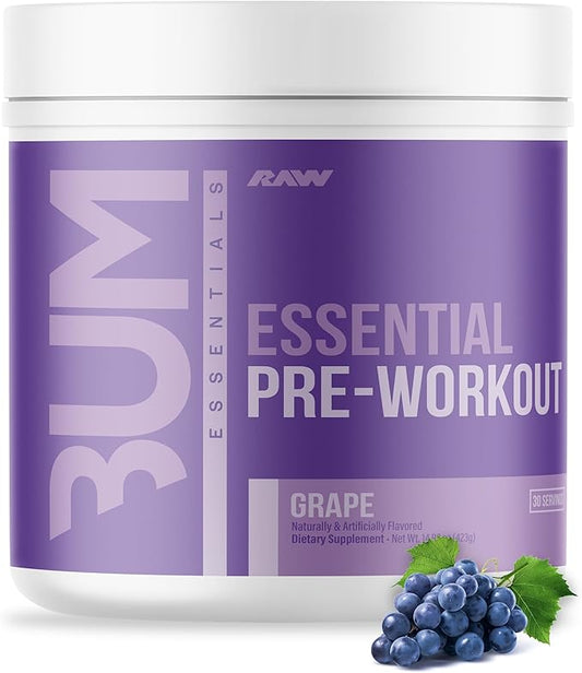 RAW Essential Pre-Workout Powder (Grape) - Chris Bumstead Sports Nutrition Supplement for Men & Women - Preworkout Energy Powder with Caffeine, L-Citrulline, L-Tyrosine, & Beta Alanine Blend