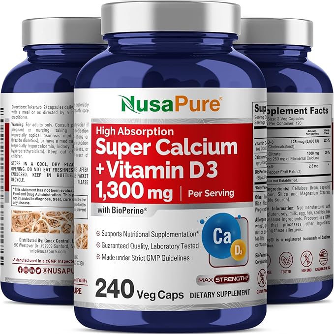 NusaPure Super Calcium 1300mg, Vitamin D3-240 Veggie Caps (Non-GMO, Gluten-Free, Bioperine)