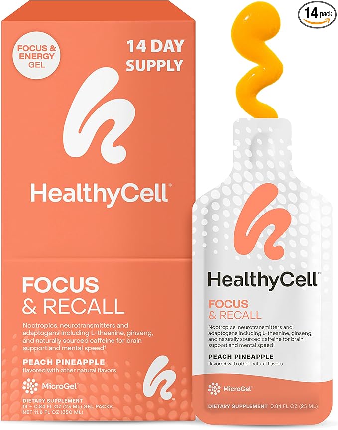 Healthycell Focus & Recall, Daily Liquid Brain Supplement for Focus & Memory - Nootropics Supplement for Concentration & Alertness with L-Theanine, Omega-3 & Taurine - 14 Gel Packs