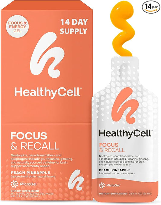 Healthycell Focus & Recall, Daily Liquid Brain Supplement for Focus & Memory - Nootropics Supplement for Concentration & Alertness with L-Theanine, Omega-3 & Taurine - 14 Gel Packs