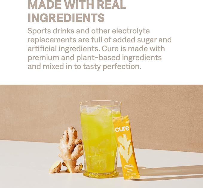 Cure Hydration | Plant-Based Electrolyte Drink Mix | No Added Sugar | FSA & HSA | Dehydration Relief Powder Made with Coconut Water | Non-GMO | Vegan | Pouch of 14 Packets - Ginger Turmeric