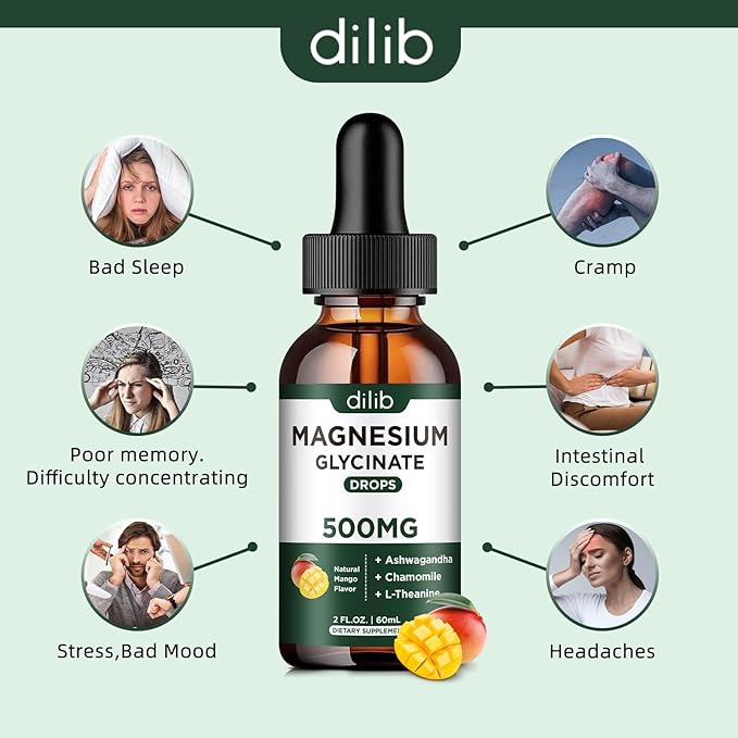 Magnesium Glycinate Supplement, Magnesium Liquid Drops with Magnesium Glycinate 500mg Ashwagandha, L - Theanine, Chamomile -Support Stress Relief, Bone, Muscle, Mood Vegan Natural Mango Flavor 2 Pack