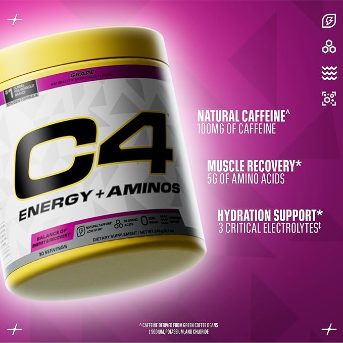 Cellucor C4 Energy + Aminos Powder | 5g BCAAs & EAAs for Muscle Recovery, 3 Electrolytes for Hydration, 100mg Natural Caffeine | Pre Workout | Zero Sugar, 30 Servings, Grape