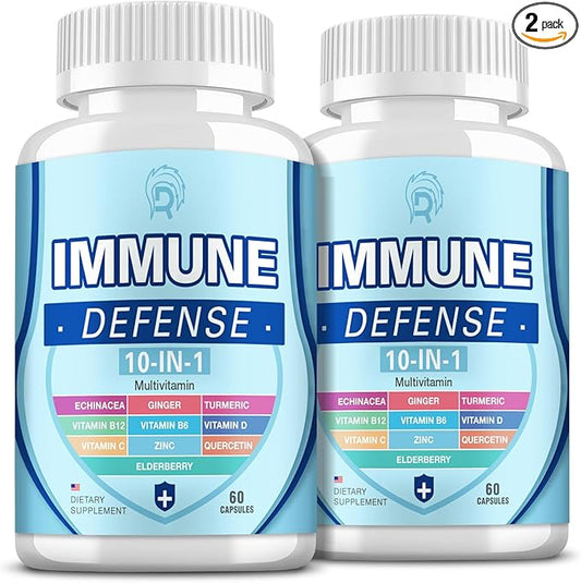 Immune Support Supplement, 10-in-1 Immune Defence with Vitamin C,B6,B12,VIT D, Zinc, Echinacea Turmeric Elderberry Immune Boosters for Adult - 120 Capsules(2 Pack)