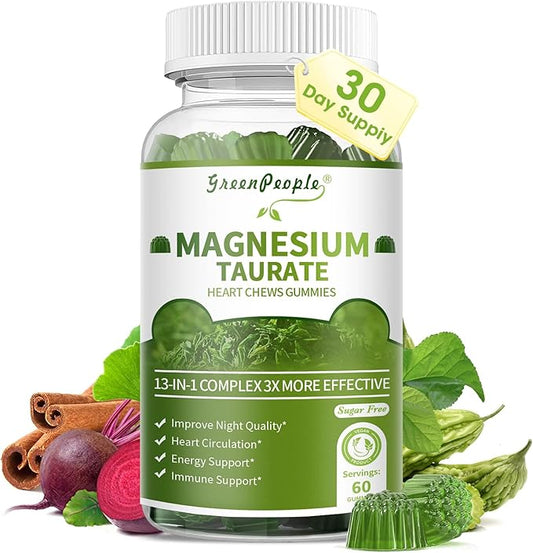Magnesium Taurate Gummies, 13-in-1 Complex - Beet Root, Alpha Lipoic Acid, Cinnamon, Heart Support, Good Sleep, Sugar Free, High Absorption Magnesium Supplement, Matcha Flavor, 60 Gummies