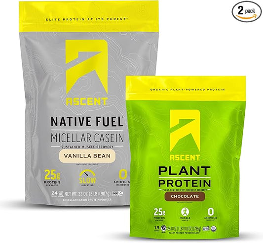 Ascent Casein Protein Powder Vanilla Bean 2 lb & Plant Protein Powder Chocolate 18 Servings