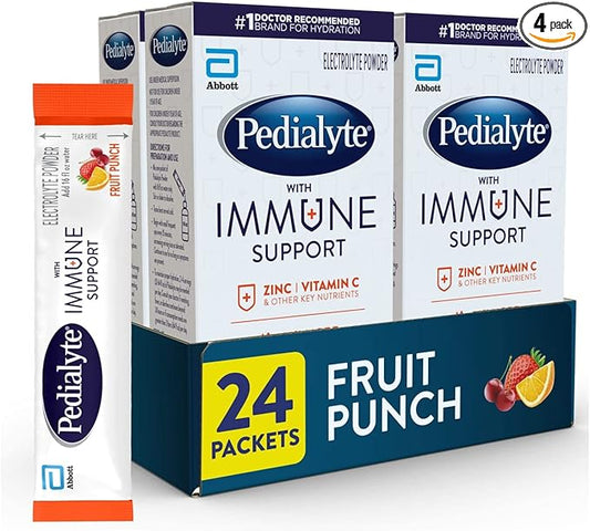 Pedialyte with Immune Support, Electrolytes with Vitamin C and Zinc, Advanced Hydration with PreActiv Prebiotics, Fruit Punch, Electrolyte Drink Powder Packets, 6 Count (Pack of 4