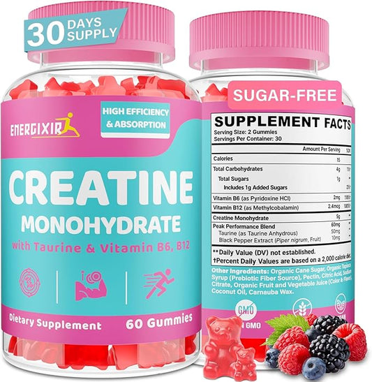 Creatine Monohydrate Gummies, Creatine for Women, Creatine Pre Workout Chewables Supplement with Taurine & B6 - for Muscle, Recovery, Strength, Energy & Endurance and Performance - 60 Count