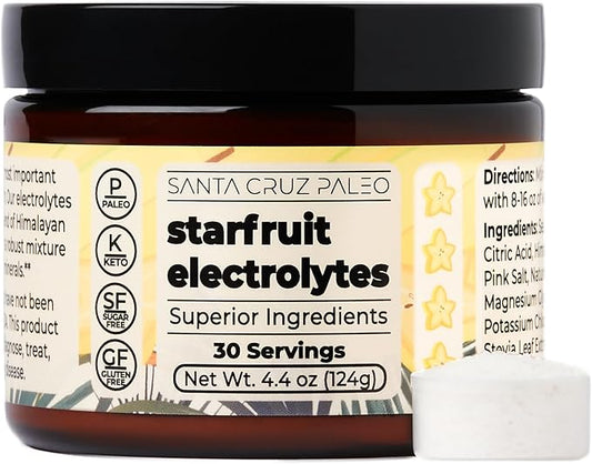 Santa Cruz Paleo Electrolyte Powder Starfruit with Himalayan & Sea Salt, Magnesium, Potassium, Sugar-Free, 30 Servings