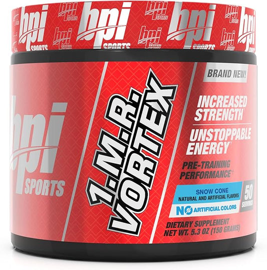 BPI Sports 1.M.R Vortex Pre Workout Powder – Snow Cone Flavor – 50 Servings – High Stim Preworkout for Men & Women with Glycerol, Caffeine, Niacin, and Herbal Extracts – Energy, Focus & Endurance