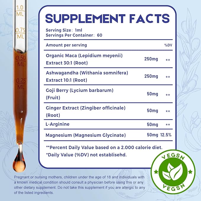 Maca Root Ashwagandha Liquid Drops - Maca and Ashwagandha Supplements with Goji Berry,Ginger Extract,L-Arginine and Magnesium Enhanced Energy 4 fl oz 2 Pack
