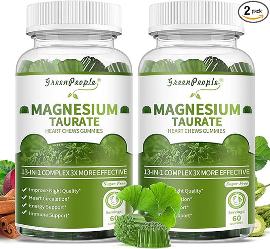 2 Pack Magnesium Taurate Gummies, 13-in-1 Complex - Beetroot, Alpha Lipoic Acid, Cinnamon, Heart Support, Good Sleep, Sugar Free, High Absorption Magnesium Supplement, Matcha Flavor, 60 Gummies