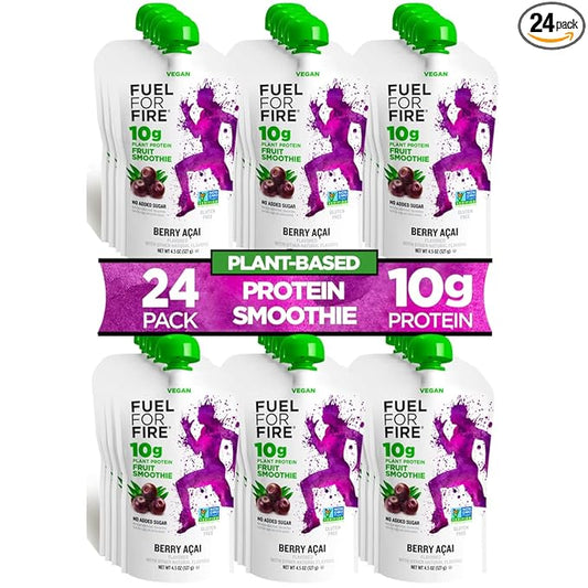 Fuel for Fire VEGAN Protein Smoothie Squeeze Pouch - Berry Acai (24-Pack) | Healthy Snack & Recovery | No Sugar Added, Dietitian Approved | Plant Based Functional Fruit Smoothies (4.5oz pouches)