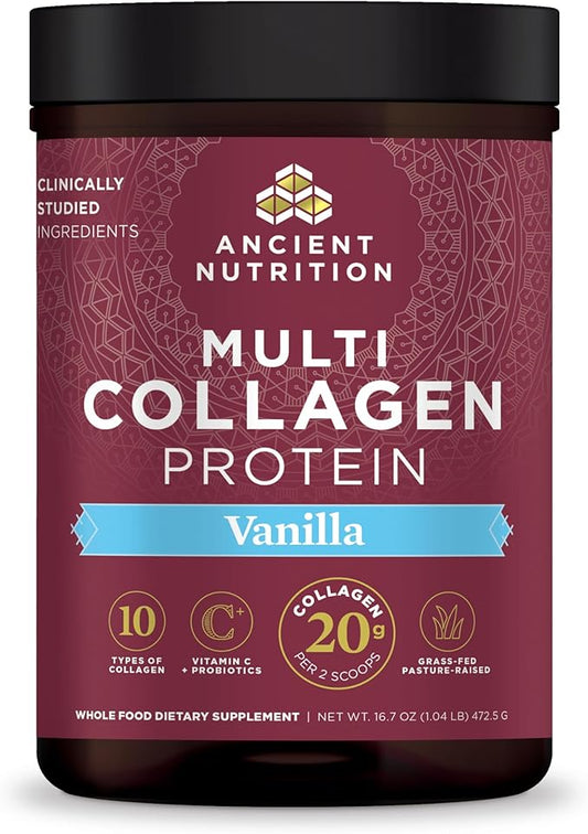 Ancient Nutrition Collagen Peptides Powder, Multi Collagen Protein, Women & Men, Vitamin C, Probiotics, Hydrolyzed Collagen, Supports Skin, Joints, Gut Health, Vanilla, 45 Servings