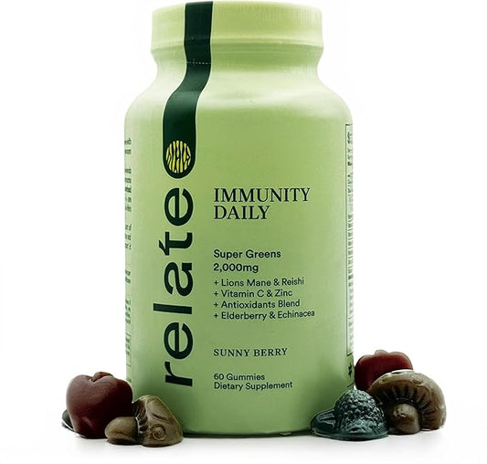 relate Immunity Daily Gummies - Super Greens, Lion's Mane & Reishi, Vitamin C & Zinc, Antioxidant Blend with Elderberry & Echinacea - Sunny Berry Flavor, 60 Count