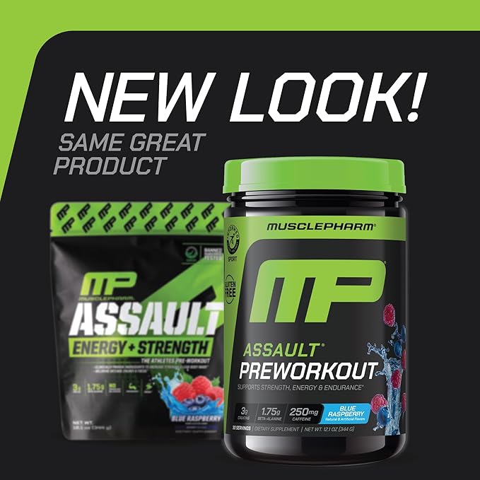 Muscle Pharm Assault Energy & Strength Pre Workout Powder for Men & Women with Beta Alanine, Caffeine, Creatine & Betaine Anhydrous, Pre-Workout Supplements, 30 Servings, Blue Raspberry Flavor