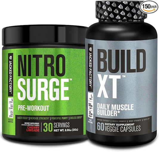 Jacked Factory Nitrosurge Pre-Workout in Cherry Limeade & Build XT Muscle Building Bundle for Men & Women
