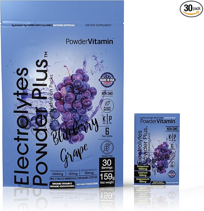 Electrolytes Powder Plus, Keto, Blueberry Grape, Zero Sugar, 1000mg Potassium, 120mg Calcium, 120mg Magnesium, Non-GMO, Zero Calories, 30 Hydration Packets