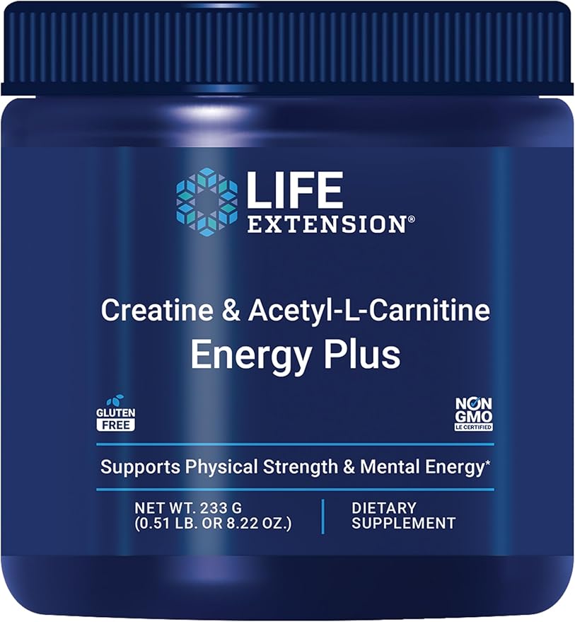 Life Extension Creatine Acetyl-L-Carnitine Energy Plus, Energy Support Supplement, creatine monohydrate, Acetyl-L-carnitine, Gluten-Free, Non-GMO, Vegetarian, 30 Servings