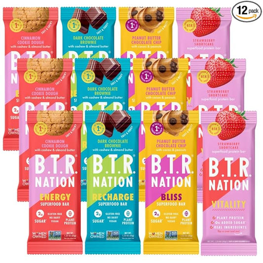 B.T.R. Nation Keto Superfood Protein Bars - Plant Based and Free of Sugar Alcohols | (12) Bar Variety Pack | Gluten Free, and Boosted with Powerful Superfoods!