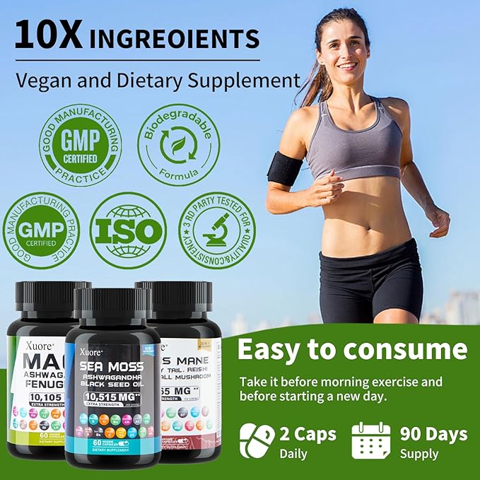 Bundle of Sea Moss,Maca,Lions Mane, Black Seed Oil, Ashwagandha, Ginger & Rhodiola Rosea, Panax Ginseng, Turkey Tail, Reishi, Cordyceps, Chaga All in 1 Supplements (1 Pack)