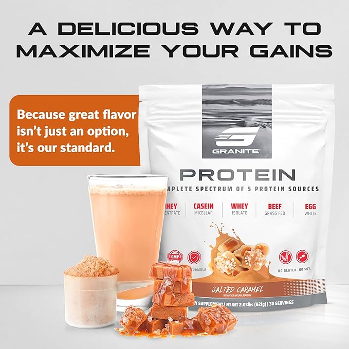 Granite Nutrition Protein Powder - Premium 5-Source Blend (Whey, Casein, Egg, Grass-Fed Beef) for Lean Muscle and Recovery - Salted Caramel Flavor, 30 Servings