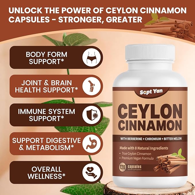 Ceylon Cinnamon Capsules 1200mg Cinnamon Bark Supplements with Chromium, Berberine HCL & Turmeric, Vegan, 120 Capsules, Energy, Metabolism, Heart & Immune Support