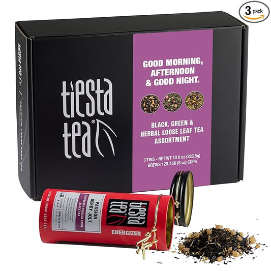 Tiesta Tea - Tea Tin Assorted Blends Loose Leaf Father’s Day Tea Gift Set Sampler | High to No Caffeine | Hot & Iced Ready | Passion Berry Jolt, Fruity Paradise, Lavender Chamomile Blends | 3 Tins