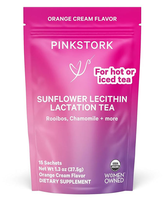 Pink Stork Sunflower Lecithin Lactation Tea, Clogged Milk Duct Support Tea with Fenugreek for Breast Milk Flow, Breastfeeding & Pumping Essentials - Vanilla Orange, 15 Sachets