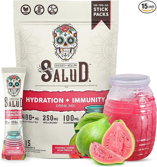 Salud 2-in-1 Hydration Packets + Immunity Electrolytes Powder, Guava - Guayaba Agua Fresca Drink Mix, Elderberry, Dairy & Soy Free, Non-GMO, Gluten Free, Vegan, Low Calorie, 1g Sugar (15 Servings)