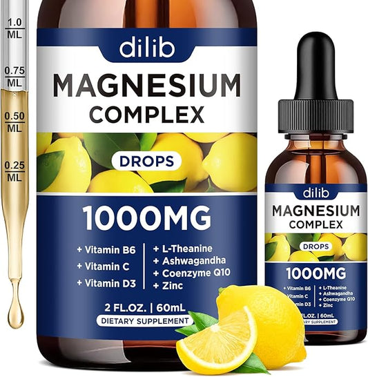 Triple Magnesium Complex Supplement, Magnesium Glycinate, Citrate Liquid Drops 1000mg with Ashwagandha, CoQ10, Vitamin B6, C, D, Zinc - Vegan Lemon Flavor