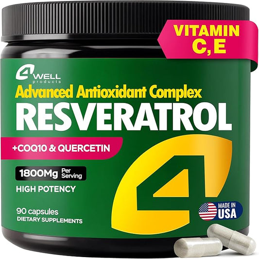 Resveratrol Supplement 1800mg Complex - COQ10, Quercetin, Vitamin E, Vitamin C - Powerful Antioxidant Formula for Enhanced Energy, Heart Health & Healthy-Aging Support Trans Resveratrol 90 Capsules