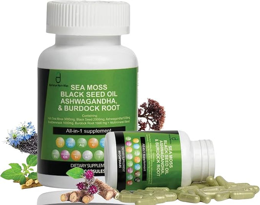 Sea Moss Capsules - 60 Capsules Seamoss Black Seed Oil Ashwagandha Burdock Root Supplement, Irish Sea Moss Supplement with Vitamin C D3 Manuka & Dandelion, Multi Minerals Supplement