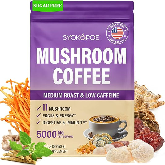 Mushroom Coffee Organic, 11 Mushrooms + 8 Adaptogenic Herb Mushroom Coffee for Focus, Energy, Digestion & Immune Support| Cordyceps, Lion’s Mane, Reishi, Chaga & Ashwagandha| Gluten Free, 30 Servings