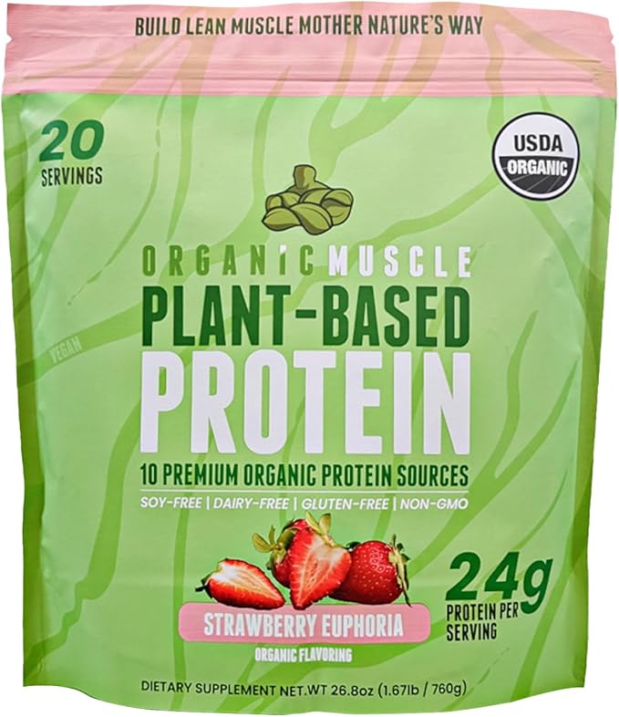 Organic Muscle Vegan Protein Powder - Plant Based Strawberry Multi-Sourced Protein Powder with Pea, Hemp, Brown Rice, Chia Seed & Amino Acids - Low Calorie for Muscle Growth & Speed Recovery