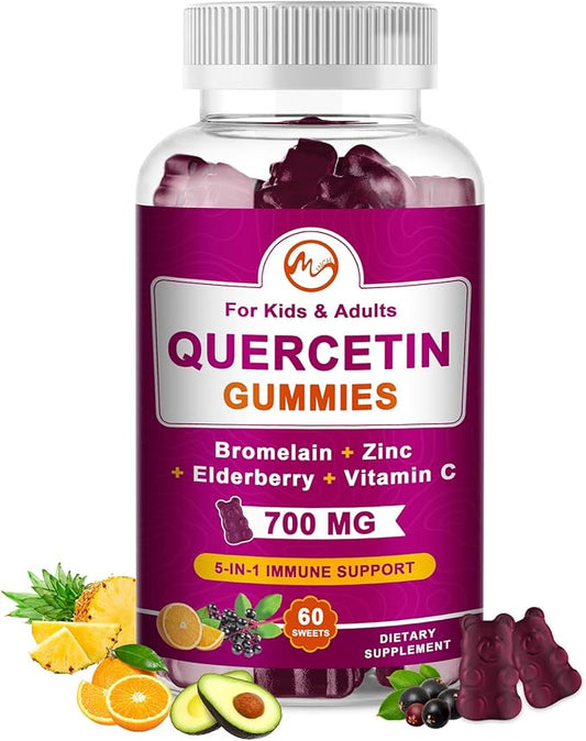 Quercetin Gummies with Bromelain, Elderberry, Zinc and Vitamin C - Chewable Quercetin 700 mg Supplement for Immunity, Allergy, Antioxidant Support - Vegan Gummies, 60 Gummies