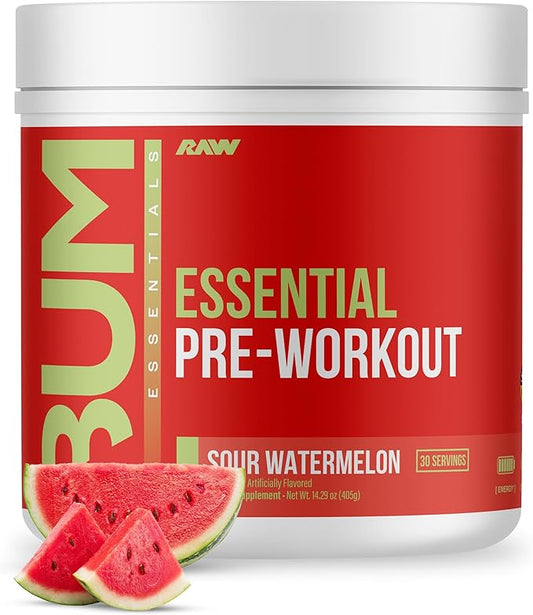 RAW Essential Pre-Workout Powder (Sour Watermelon) - Chris Bumstead Sports Nutrition Supplement for Men & Women Preworkout Energy with Caffeine, L-Citrulline, L-Tyrosine, Beta Alanine Blend