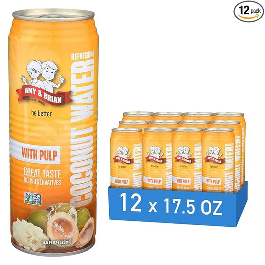 Amy & Brian Pure Coconut Water with Pulp, Non-GMO, No Sugar Added, Refreshing and Hydrating Real Coconut Water, 17.5 Fl Oz (Pack of 12)