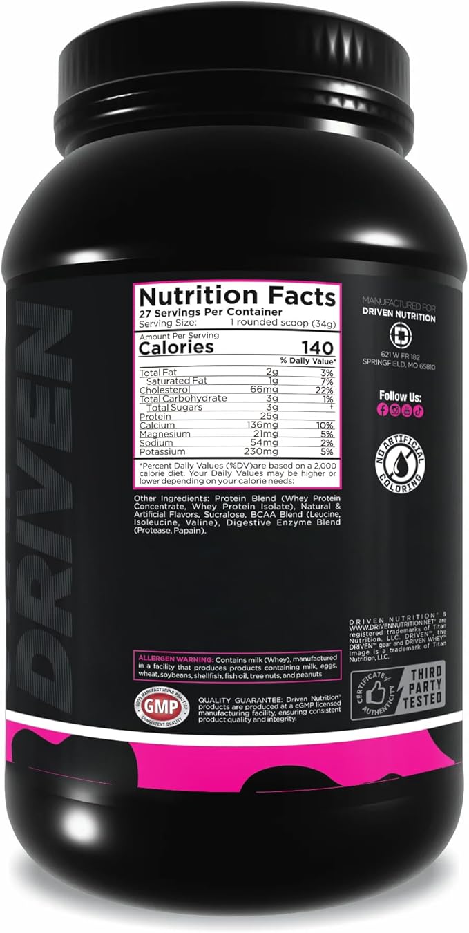 Driven WHEY- Whey Protein Powder: Delicious, Clean Protein Shake- Improve Muscle Recovery with 23 Grams of Protein with Added BCAA and Digestive Enzymes (2lb, Cookies & Cream)
