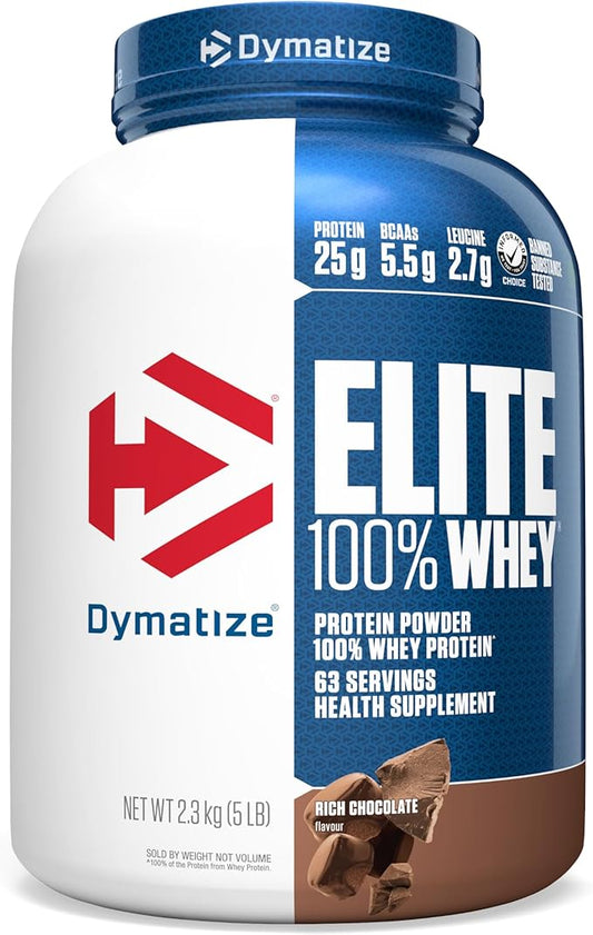 Dymatize Elite 100% Whey Protein Powder, 25g Protein, 5.5g BCAAs & 2.7 L-Leucine, Quick Absorbing & Fast Digesting for Optimal Muscle Recovery, Rich Chocolate, 5 Pound, 63 Servings