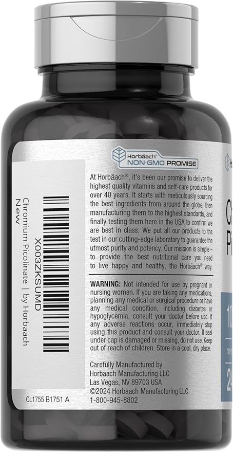 Horbaach Chromium Picolinate 1000mcg | 240 Tablets | Vegetarian Formula | Non-GMO, Gluten Free Supplement