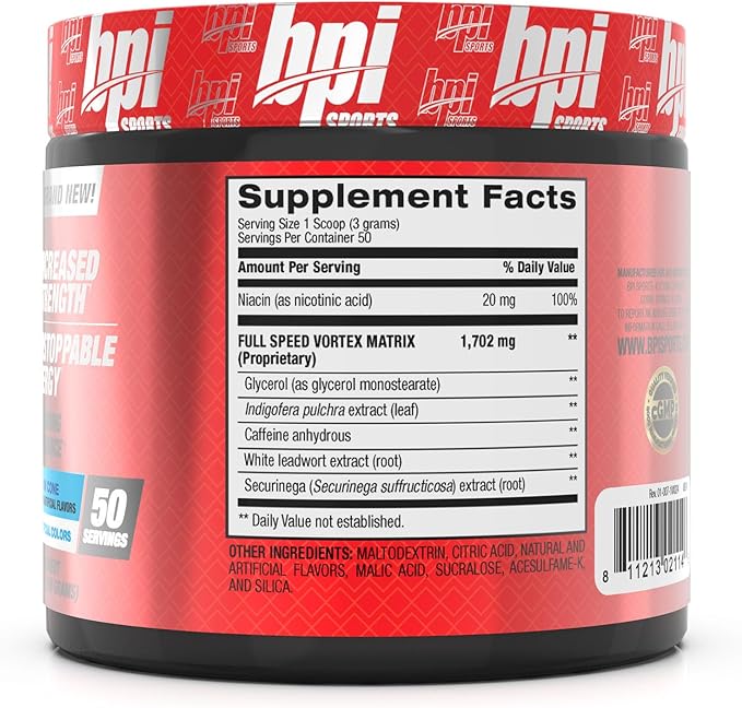 BPI Sports 1.M.R Vortex Pre Workout Powder – Snow Cone Flavor – 50 Servings – High Stim Preworkout for Men & Women with Glycerol, Caffeine, Niacin, and Herbal Extracts – Energy, Focus & Endurance
