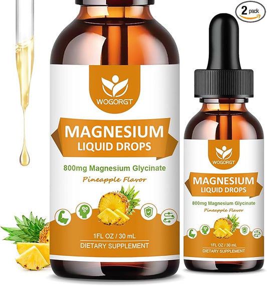 Magnesium Glycinate Liquid Drops with Citrate & Taurate - Cognition, Muscle & Focus, Liquid Magnesium Complex Supplement with Vitamin D3, GABA, L-theanine, Pineapple Flavor - 1 Fl Oz (2 Pack)
